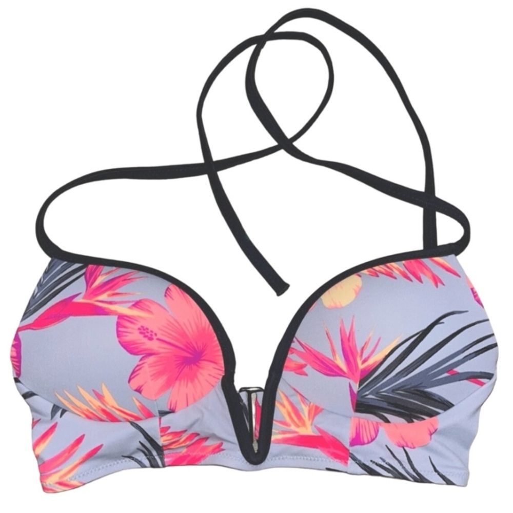 Tropical Floral Pink Gray Black Push Up Bikini Top Sz S